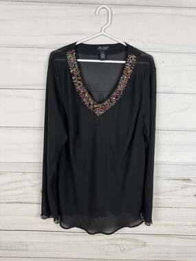 Karen Arnold Woman Plus Size 2X Black Chiffon Beaded V-Neck Blouse